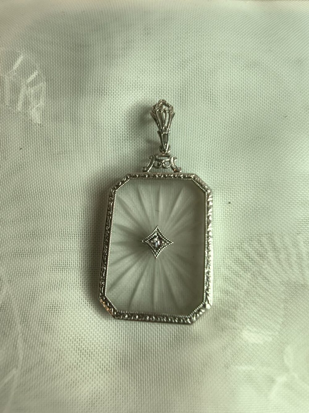 Vintage Diamond and Camphor Glass 14 Karat White Gold Pendant